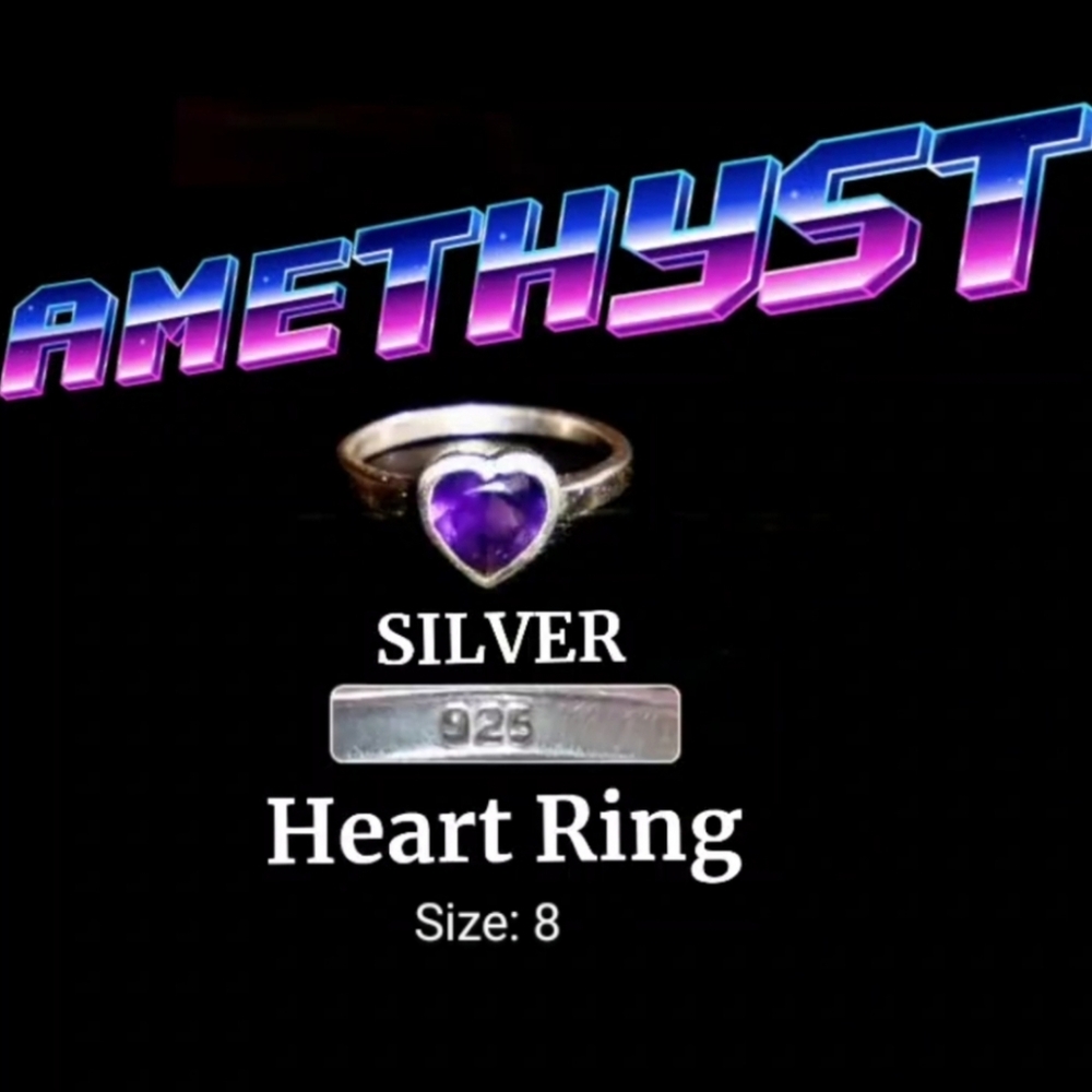 Silver Amethyst Ring In The Shape Of A Heart Size 8 - Vintage Jewelry - Purple